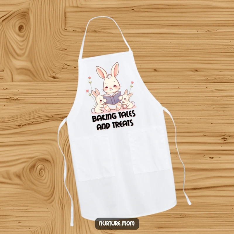 Funny kawaii mama bunny reading a storybook to her kits apron, a charming and practical kitchen accessory for mothers.