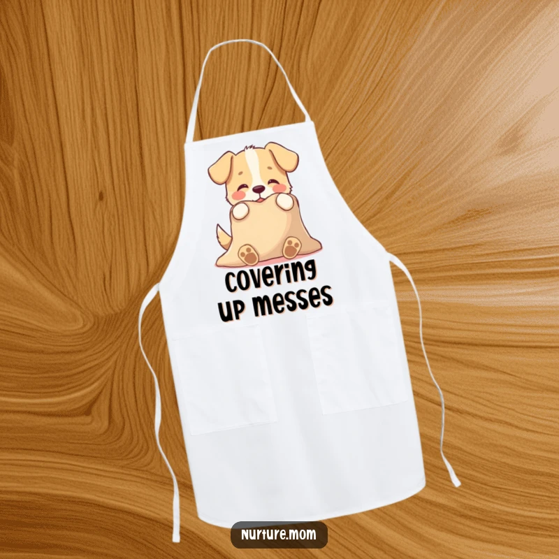 Funny apron showing a playful dog character tenderly offering a warm blanket, a humorous and practical kitchen accessory for pet lovers.