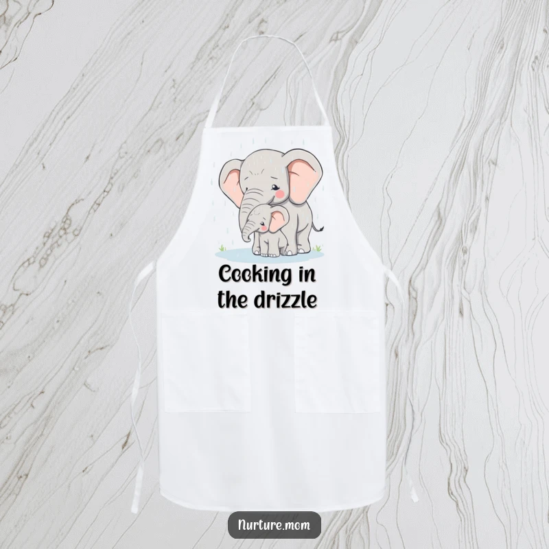Apron design illustrating a mother elephant safeguarding her calf from the rain, symbolizing protection.