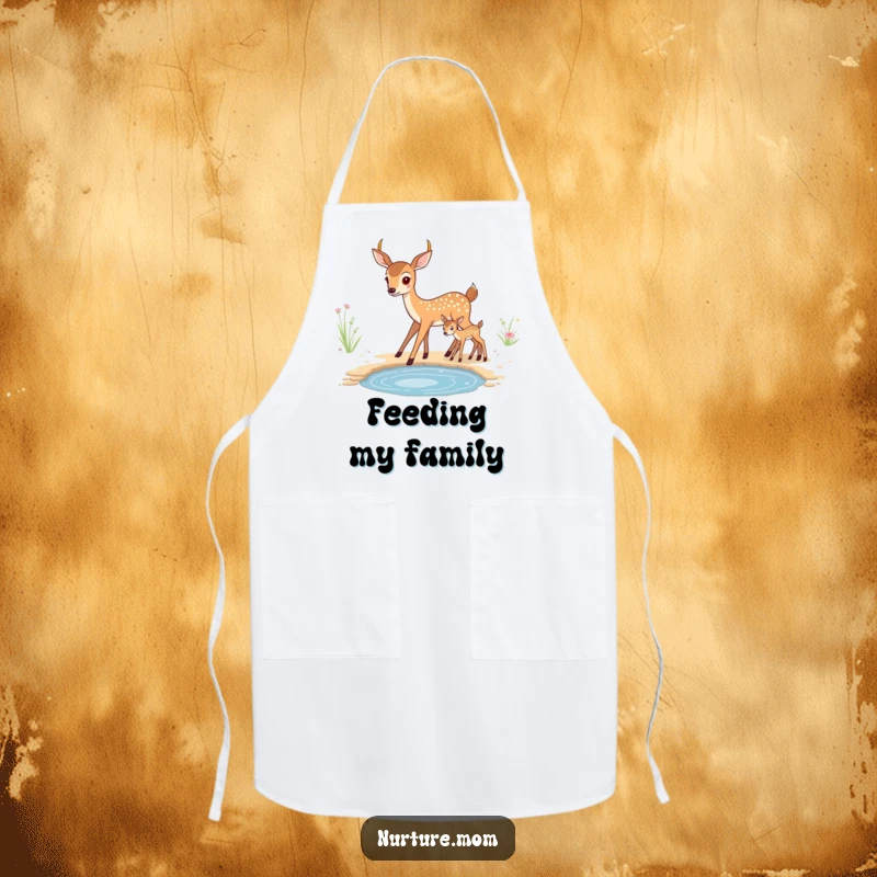 Funny kawaii mother deer leading her fawn, a cute kitchen apron design for cooking.