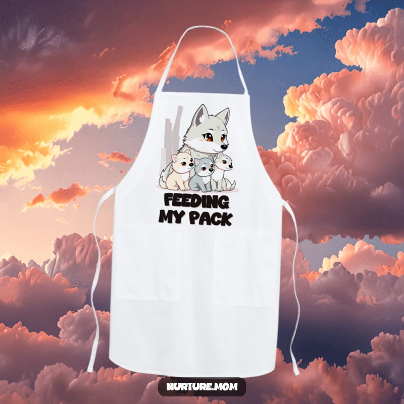 Funny wolf mom apron showing a protective mother wolf watching her pups, ideal for kitchen adventures.
