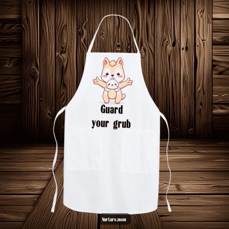 Funny animal shielding a small creature with outstretched arms, depicted on a functional and humorous apron.