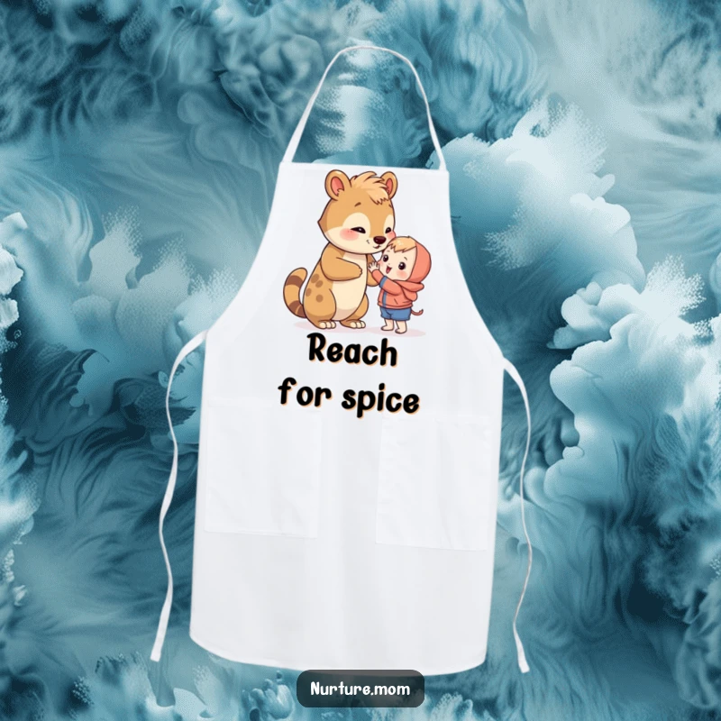 Funny animal teaching a little one to reach, depicted on a functional and humorous apron.