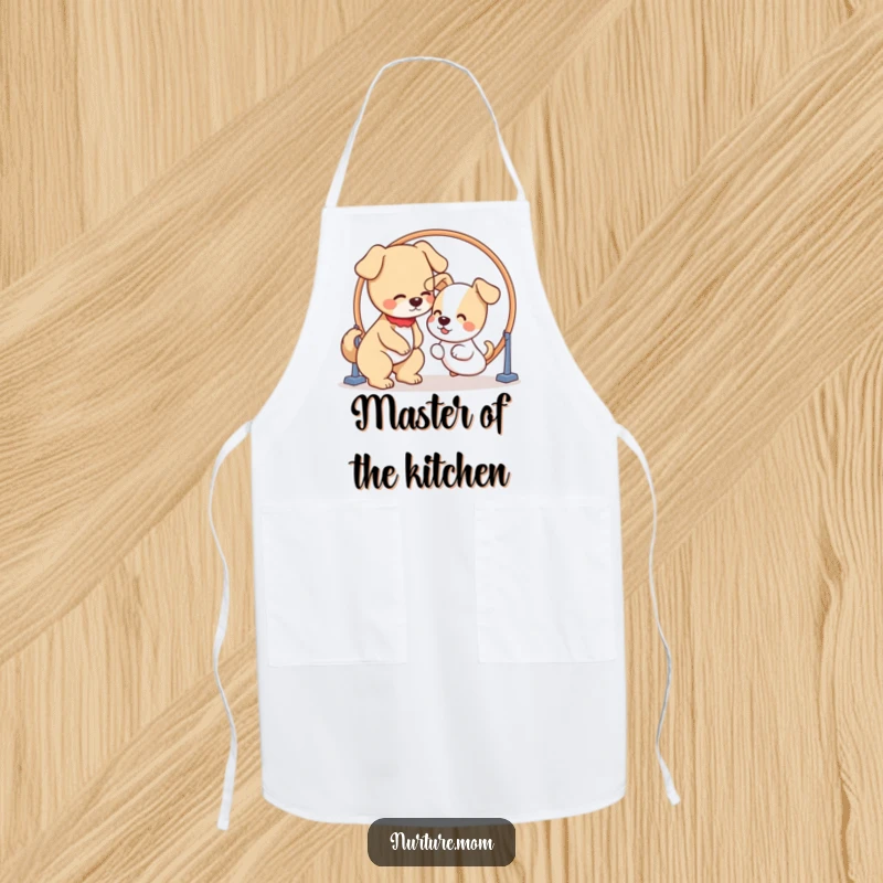 Funny kitchen apron with a kawaii dog mom patiently guiding a puppy through a hoop, celebrating dog training.