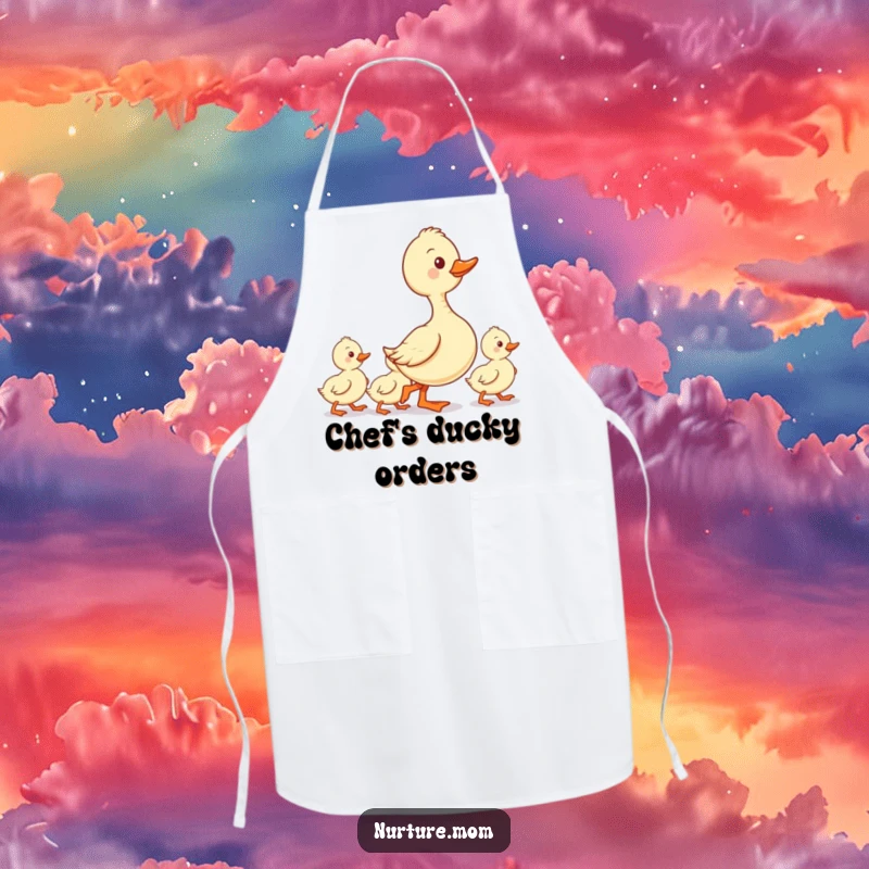 Funny kitchen apron with a kawaii duck mom leading her ducklings in a neat line, symbolizing guidance.