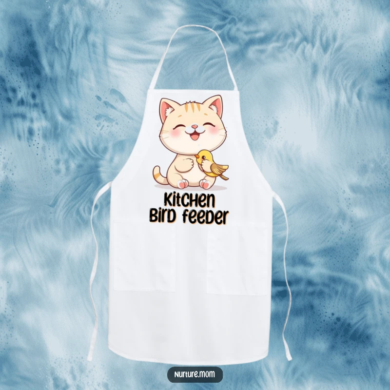 Funny apron showing a smiling cat character happily feeding a baby bird, a humorous and practical kitchen accessory for animal lovers.