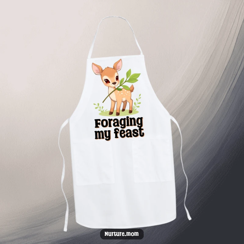 Funny Deer Apron showing a small deer offering a leafy branch, ideal for cooking with natural elegance and humor.