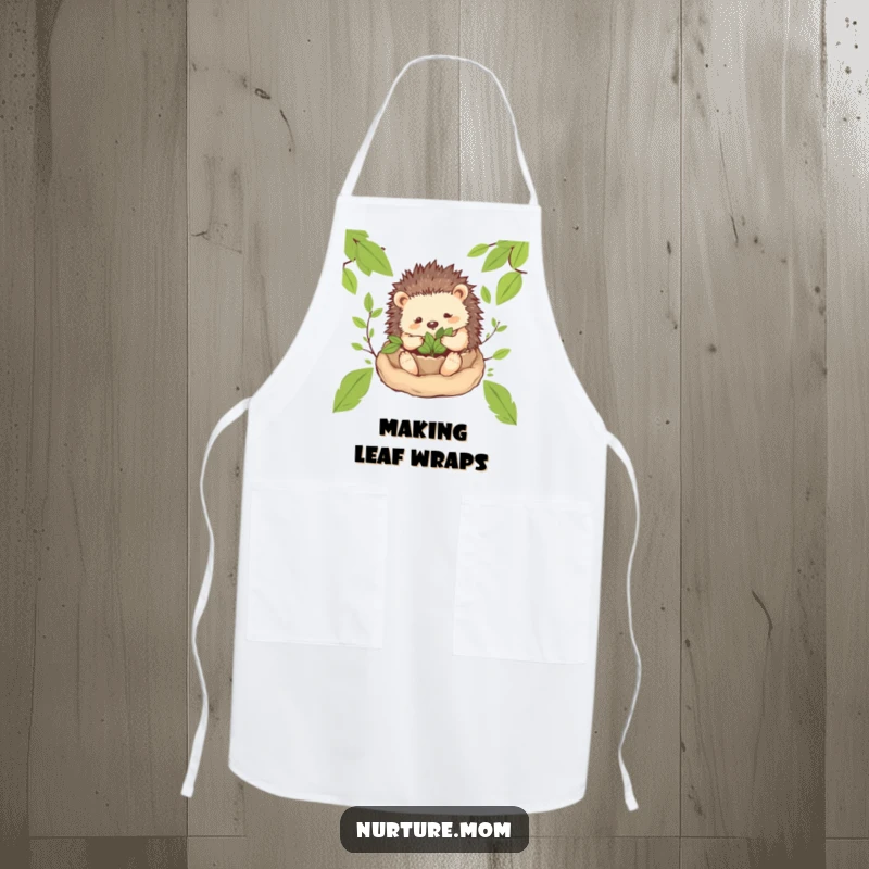 Funny! Apron design with a gentle hedgehog mom character creating a cozy nest of leaves, perfect for cooking with cozy flair and a sense of humor.