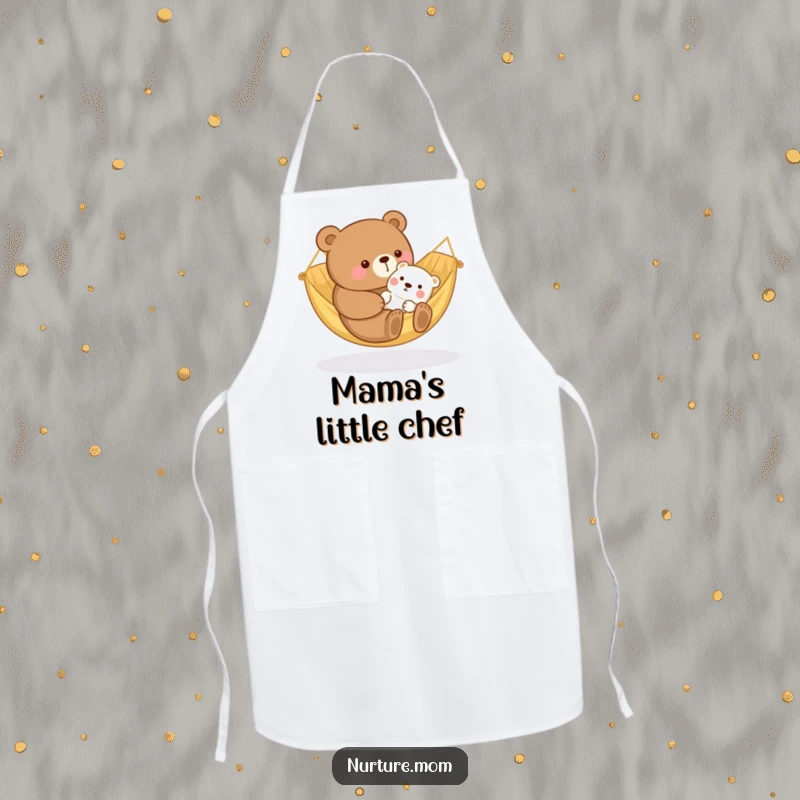 Funny kawaii bear mom rocking a baby animal in a cozy hammock, featured on a charming and functional apron.