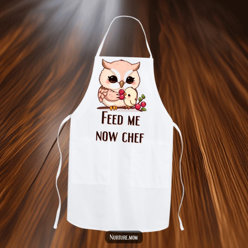 Funny kawaii owl mom gently feeding a tiny chick a berry, featured on a charming and functional apron.