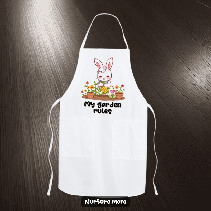 Funny Kawaii Rabbit Mom Apron: Cute bunny mom wearing an apron while gardening, a humorous kitchen accessory.