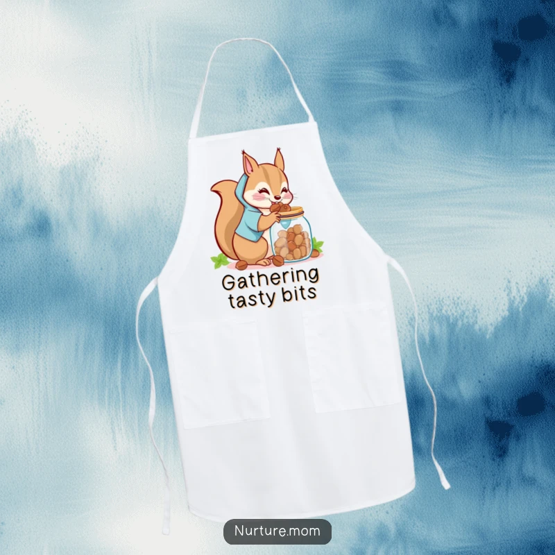 Funny Kawaii Squirrel Mom Apron: A busy squirrel mom collecting nuts with a humorous, determined expression.