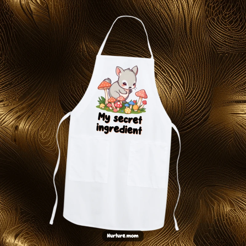 Funny apron showing a small animal in a playful crouch tending to vibrant mushrooms, ideal for kitchens.