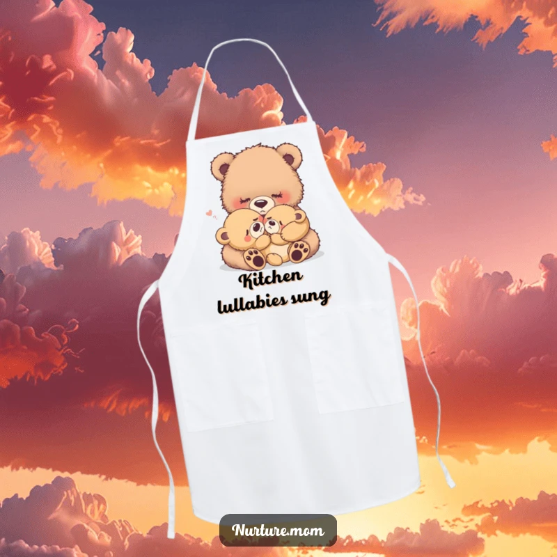Funny fuzzy bear mother rocking a crying baby bear, cute apron, perfect for moms who love to cook.