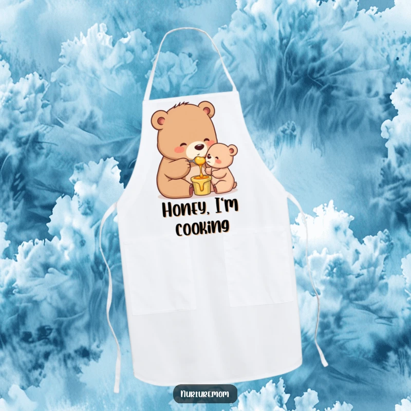 Funny Mama Bear Apron: Adorable mother bear feeding honey to her cub, perfect for chefs and home cooks.