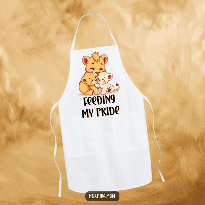 Funny! Apron design with a nurturing lioness cub grooming her playful offspring, perfect for cooking with love and a sense of humor.