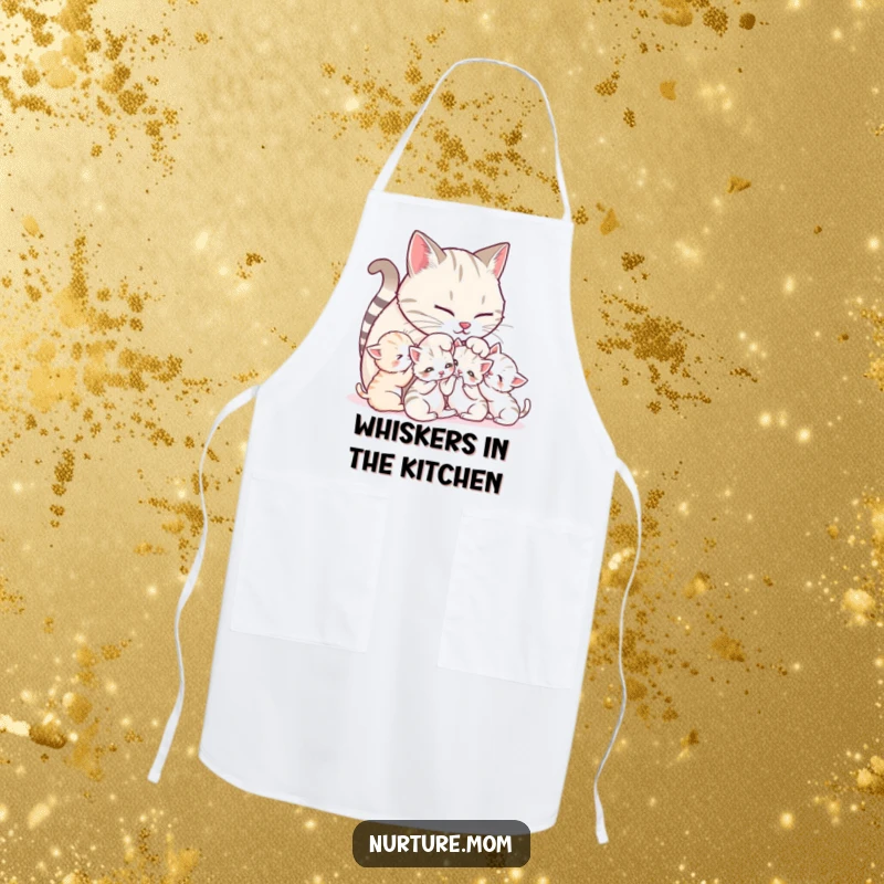 Funny Mother Cat Apron: Cute mother cat grooming her playful kittens, perfect for kitchen duties.