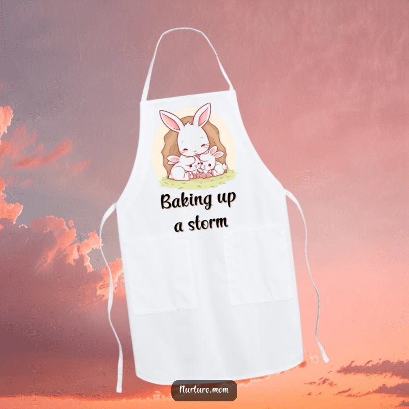 Funny Mother Rabbit Apron: Cute mother rabbit tucking babies into a burrow, perfect for home chefs and bakers.