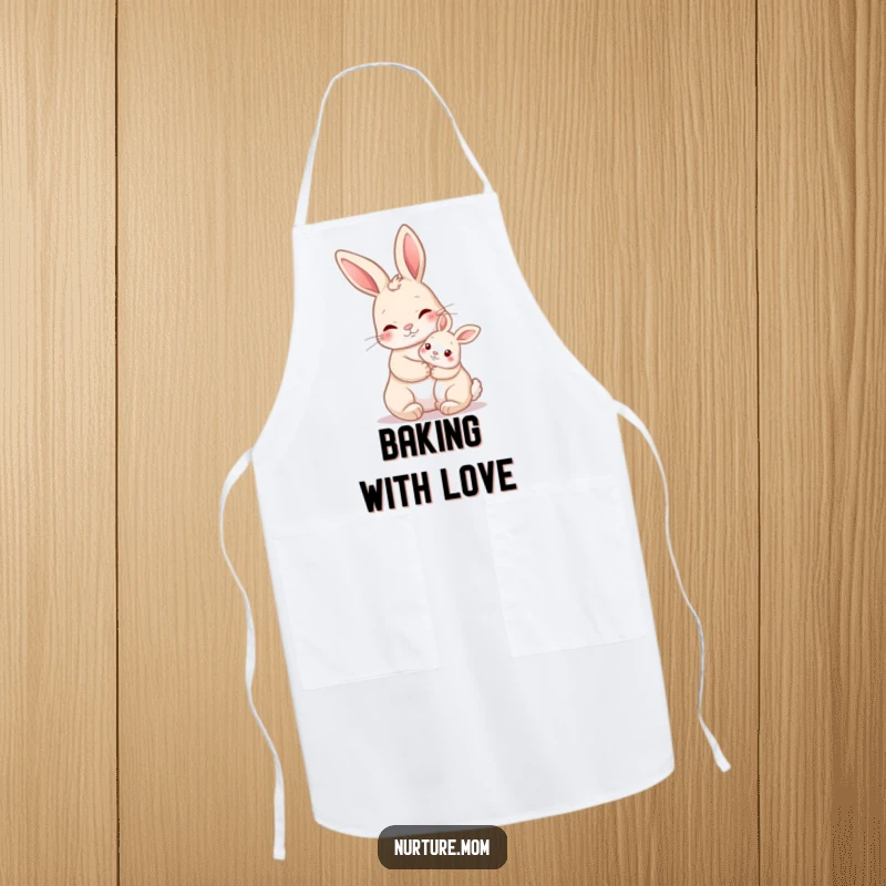Funny Nurturing Rabbit Apron showing a mother rabbit holding a baby bunny close, ideal for cooking with love and humor.