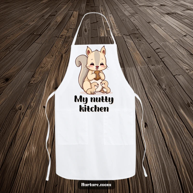 Funny squirrel mom apron decorated with a cute mother squirrel sharing nuts with her little ones.