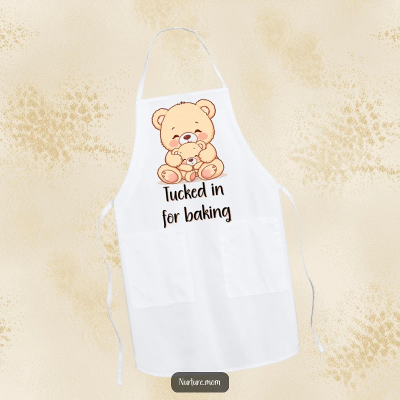 Funny apron with a cute teddy bear mom gently tucking in her sleepy baby bear, perfect for cozy kitchen activities.