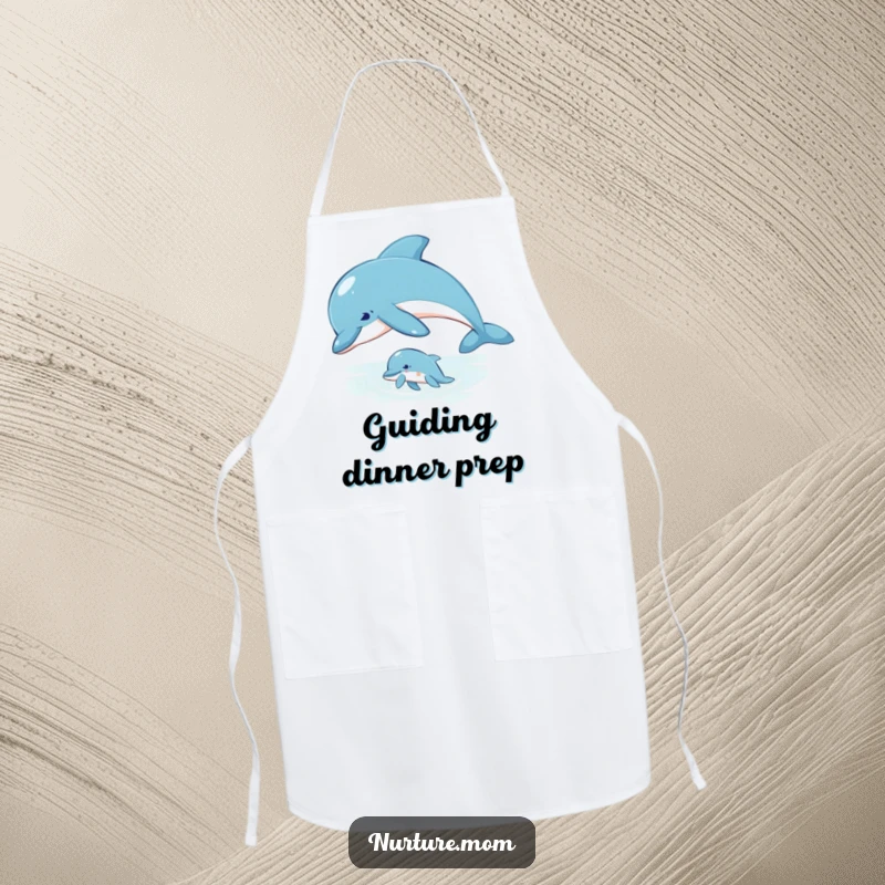 Apron design featuring a mother dolphin guiding her calf through the water, symbolizing care.