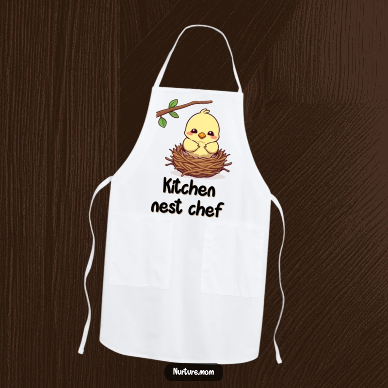 Funny kawaii mother bird building a cozy nest on a kitchen apron.