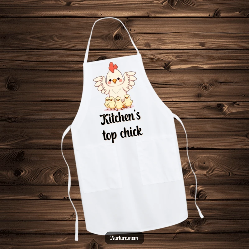 Funny kitchen apron with a kawaii chicken mom protecting chicks under her outstretched wings, symbolizing maternal protection.