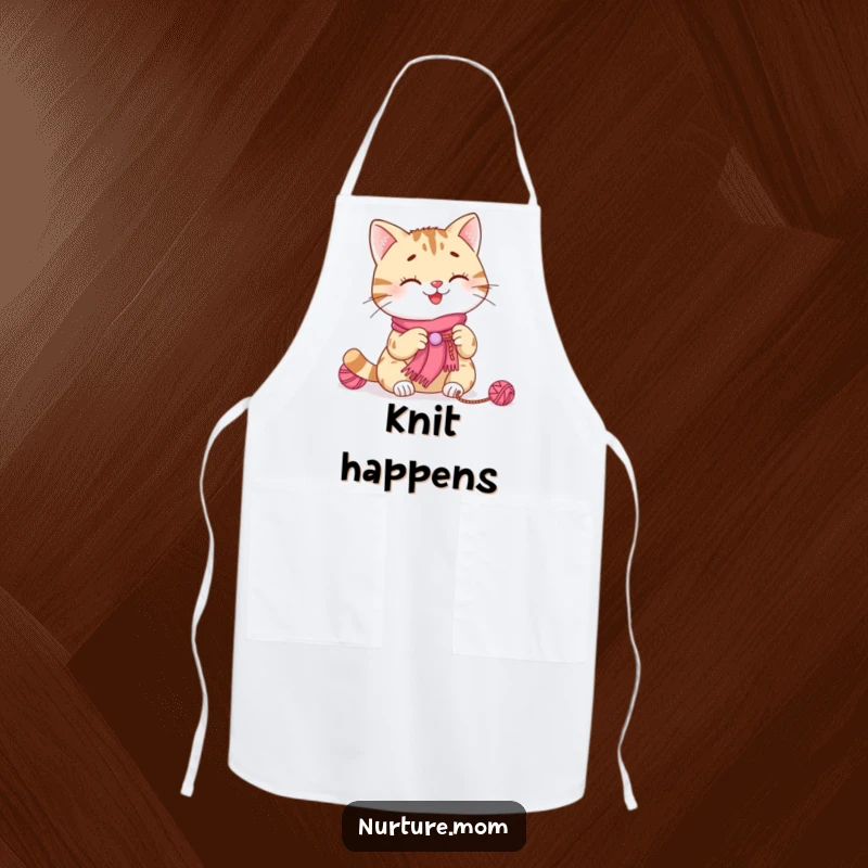 Funny cat knitting apron with a smiling cat using yarn to make a tiny scarf, perfect for adding charm to cooking.