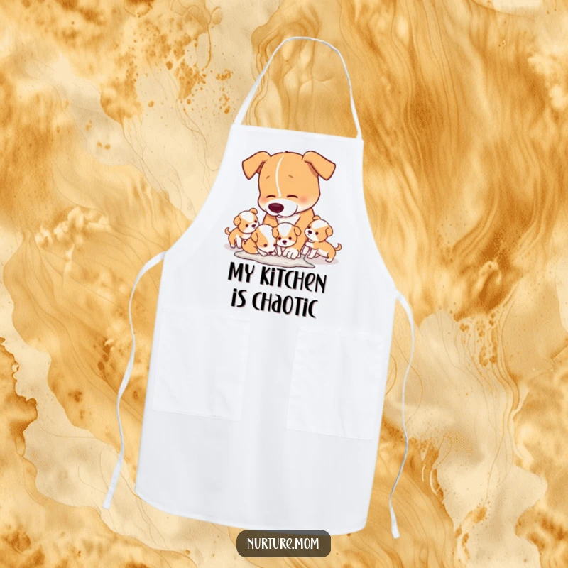 Funny Apron depicting a mom dog humorously cleaning the playful mess caused by her adorable puppies.