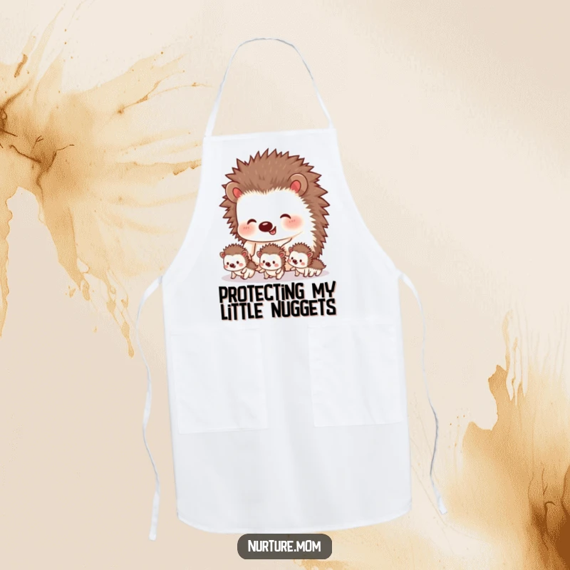 Funny hedgehog apron showing a mother guiding her tiny siblings, a cute and humorous kitchen accessory for chefs and bakers.