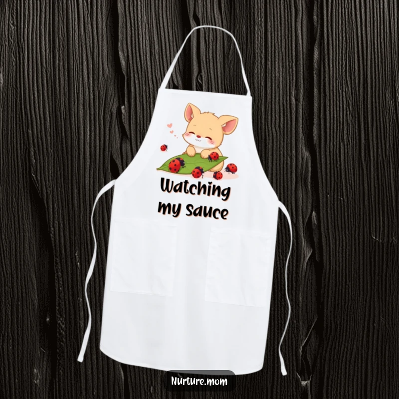 Funny apron showing a small animal sighing contentedly while watching ladybugs crawl on a leaf, ideal for kitchens.