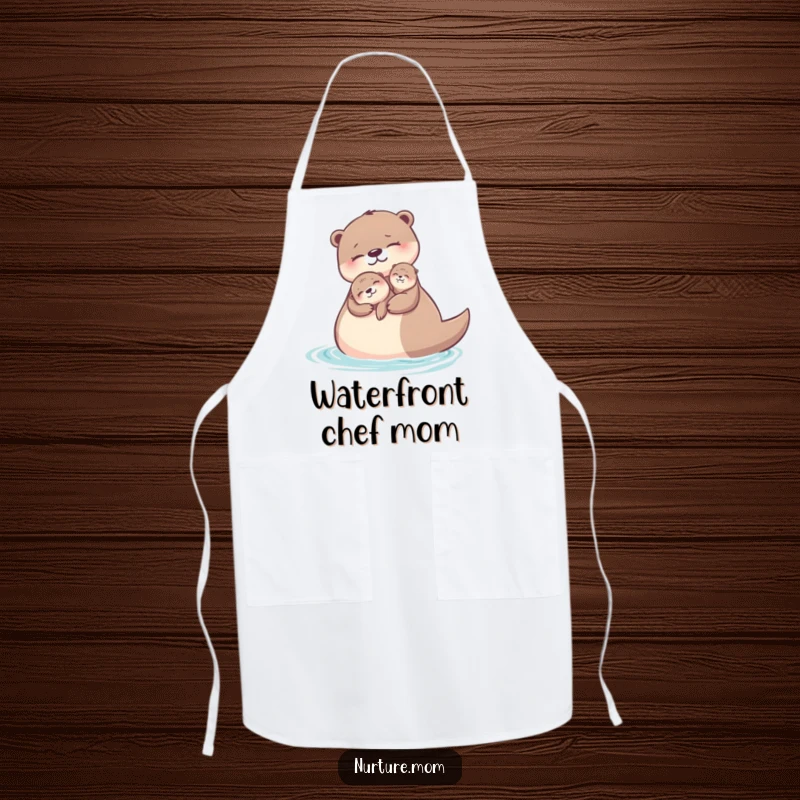 Funny otter mom apron decorated with a cute otter mother and pup floating playfully on water.