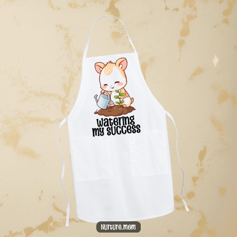 Funny apron showing a smiling animal gently watering a sprouting seedling, ideal for cooking and baking enthusiasts.