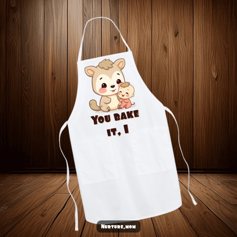 Funny animal sharing an encouraging look with a child, depicted on a functional and humorous apron.