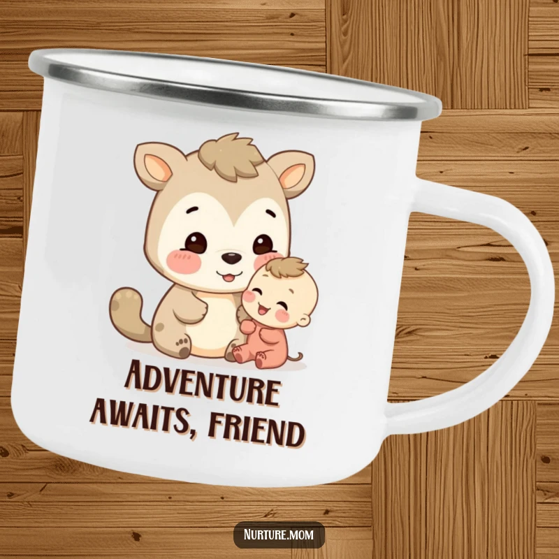 Funny animal giving an encouraging look to a small one on a durable camp mug, perfect for outdoor humor.