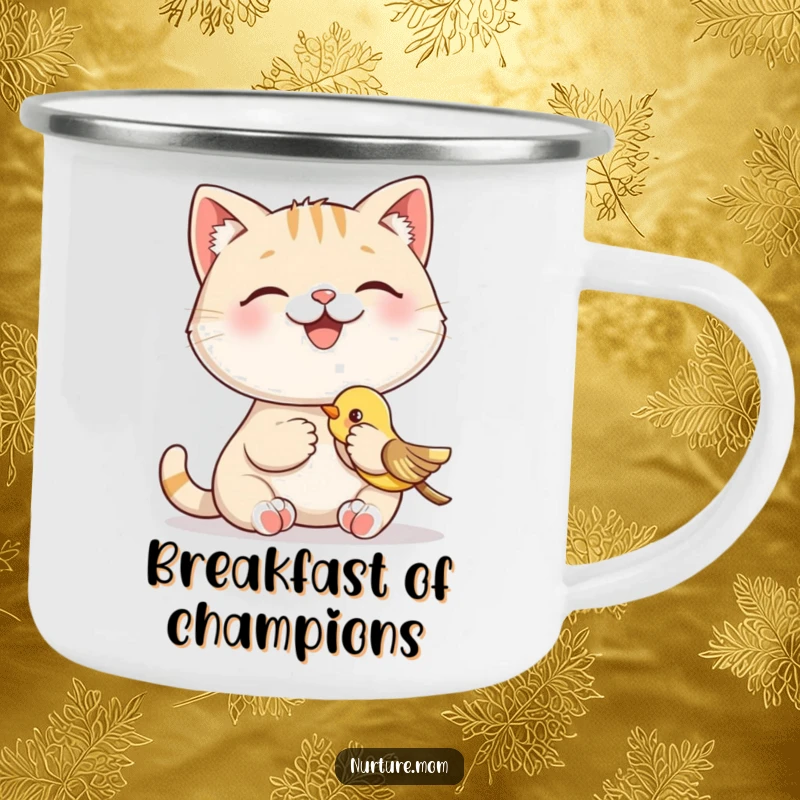 Funny camping mug featuring a smiling cat character happily feeding a baby bird, a humorous and rugged cup for outdoor adventures.