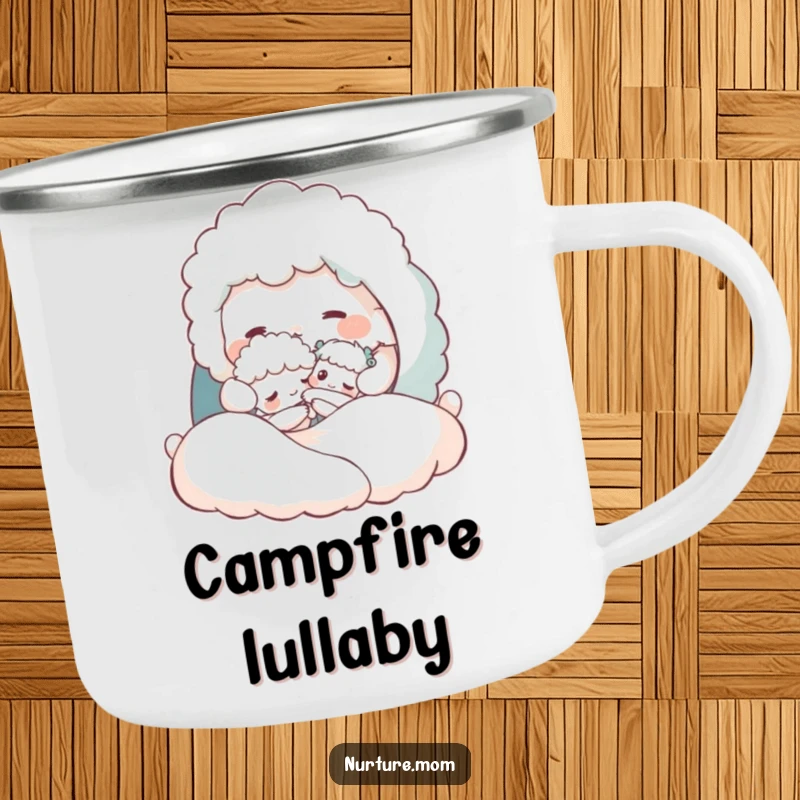 Funny camping mug with a fluffy creature tucking a tiny one into a cozy bed, perfect for camp bedtime routines.