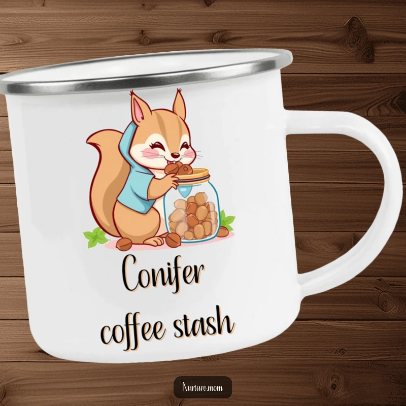 Funny Kawaii Squirrel Mom Camping Mug: A cute squirrel mom gathering nuts in a forest, a humorous and durable outdoor mug.