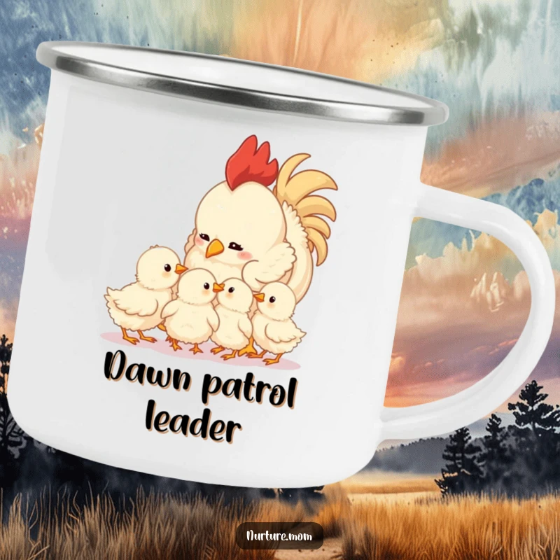 Funny mother hen camping mug with fluffy chicks, a durable and humorous cup for enjoying drinks in the great outdoors.