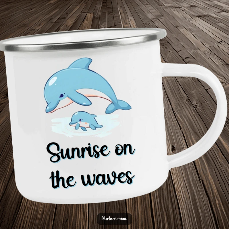 Camping mug showing a mother dolphin guiding her calf through the water, perfect for outdoor adventures.