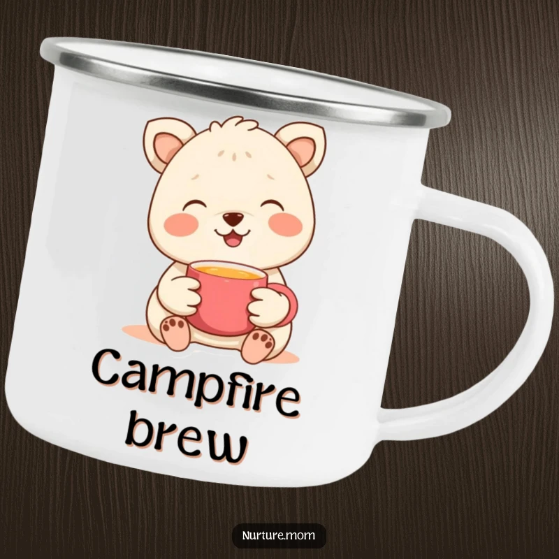 Funny camping mug with a smiling animal offering a warm cup, perfect for enjoying hot beverages outdoors.