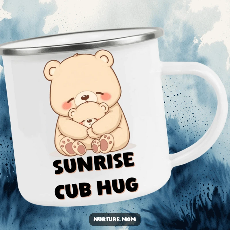 Funny bear camping mug with a mother bear gently hugging her cub, ideal for outdoor use and humor.