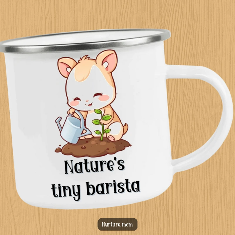 Funny camping mug featuring a smiling animal watering a small sprouting seedling, ideal for outdoor excursions.