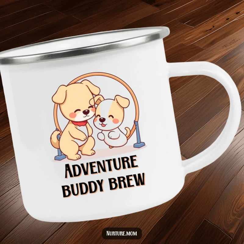 Funny enamel camping mug with a kawaii dog mom patiently guiding a puppy through a hoop, ideal for dog moms.