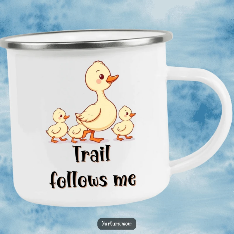Funny enamel camping mug with a kawaii duck mom leading her ducklings in a neat line, ideal for organized moms.
