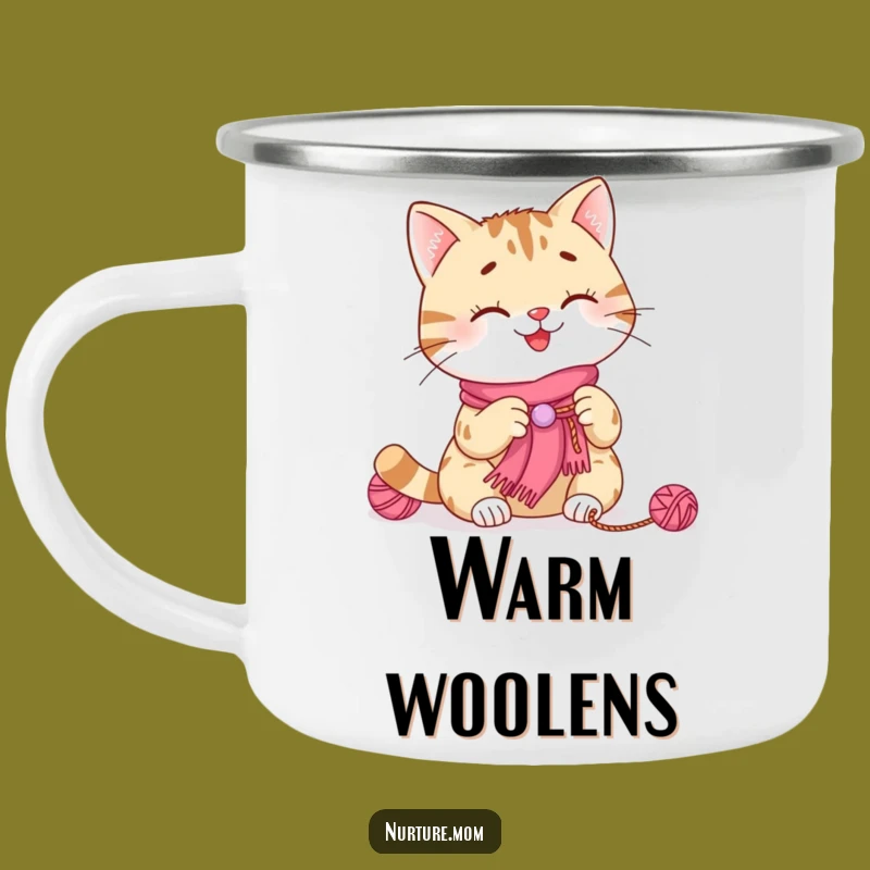 Funny Cat Knitting Camping Mug: Smiling Kitty Scarf, Crafty Outdoor Fun