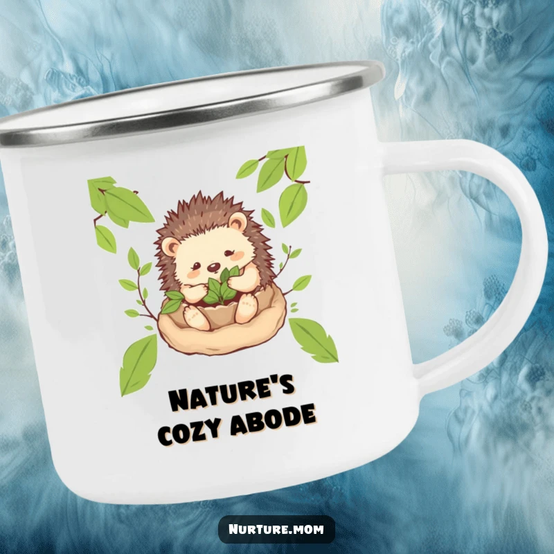 Funny! Sturdy camping mug with a gentle hedgehog mom character creating a cozy nest of leaves, perfect for outdoor adventures and spreading cozy humor.