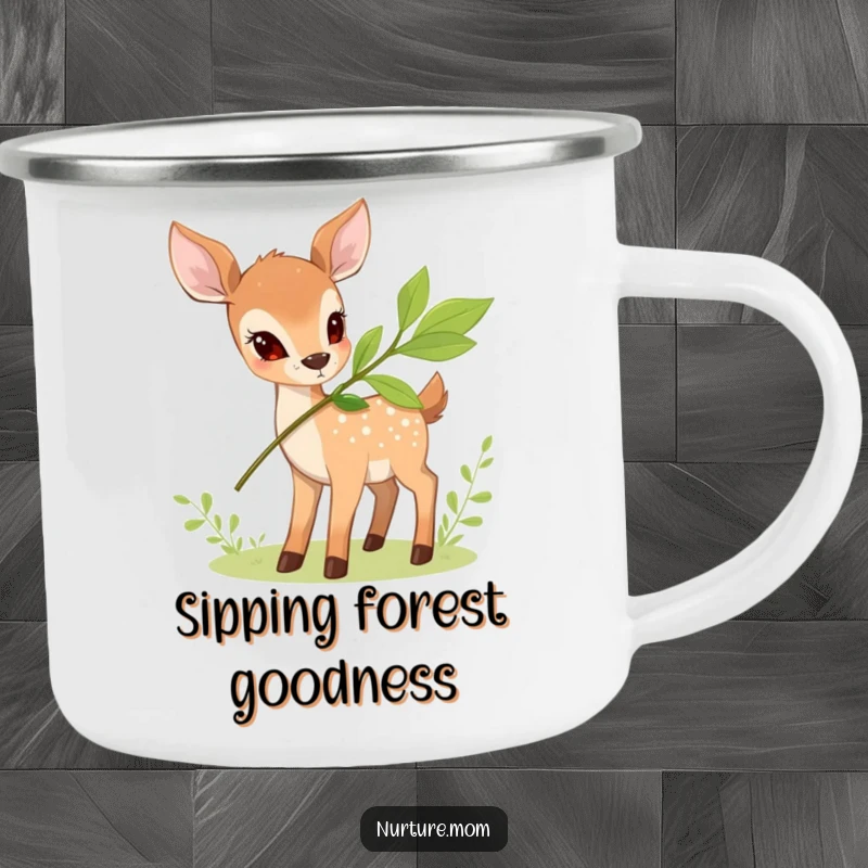 Funny Deer Camping Mug with a small deer offering a leafy branch, perfect for outdoor enjoyment with natural humor.