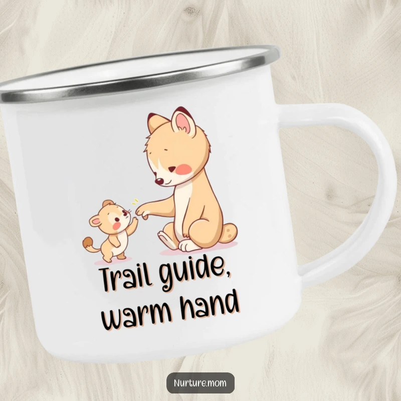 Funny camping mug shows an animal's paw warmly guiding a younger creature, a humorous and durable choice for outdoor enthusiasts.